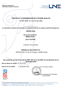 Certificat d'approbation de système qualité LNE d'exemple